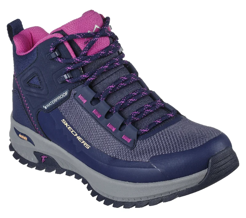 Skechers 180086 Arch-Fit Discover Elevation Ladies Navy & Purple Leather & Textile Waterproof Arch Support Lace Up Ankle Boots