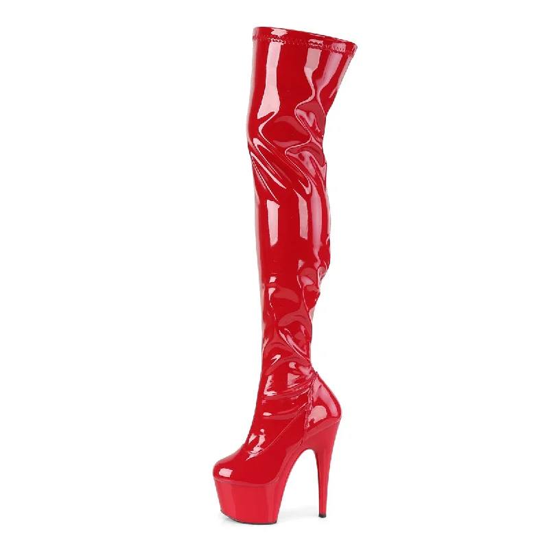 Pleaser Adore-3000 Thigh High Platform Boots Red