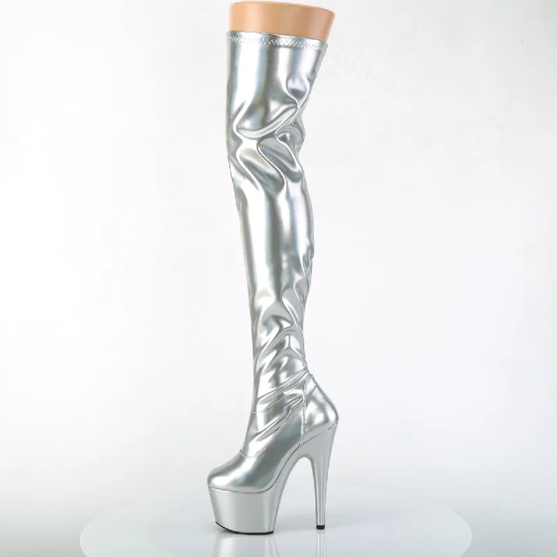 Queen of The Night Silver Hologram Thigh High Boots