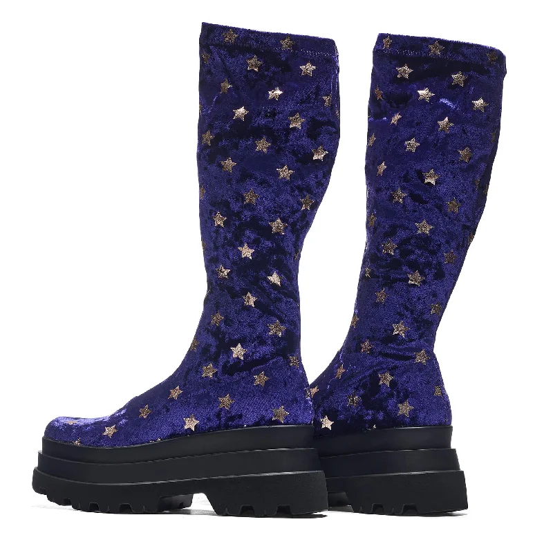 Celestial Dusk Trident Velvet Long Boots - Spellbound Purple