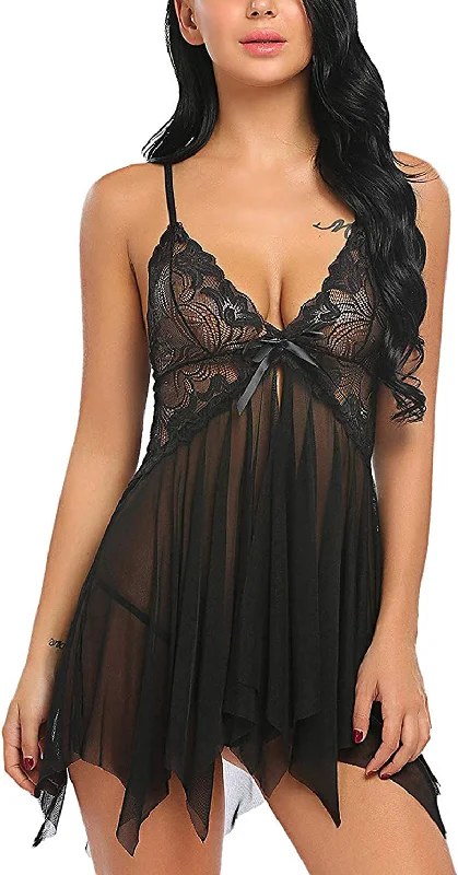 Sexy Lace Babydoll Sleepwear Dress Lingerie for Women Mesh Flyway Nightgown Camisole