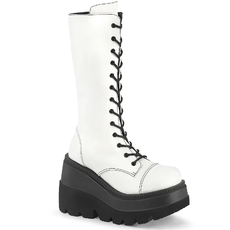 Knee High White Goth Boots (Demonia Shaker-72)