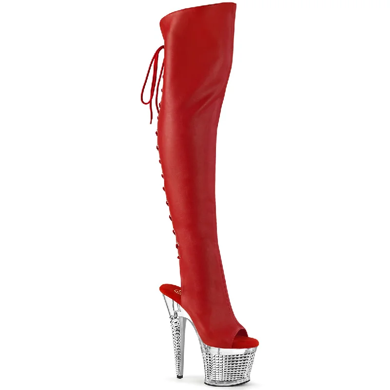 Textured Platform Over The Knee Boots Red (Pleaser Spectator-3019)