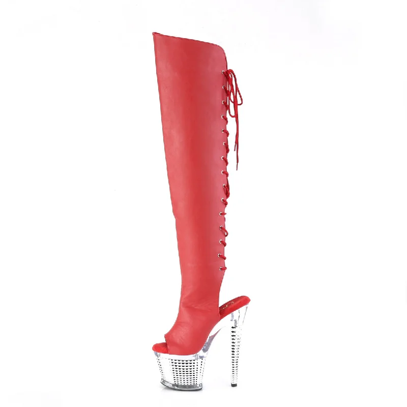 Textured Platform Over The Knee Boots Red (Pleaser Spectator-3019)