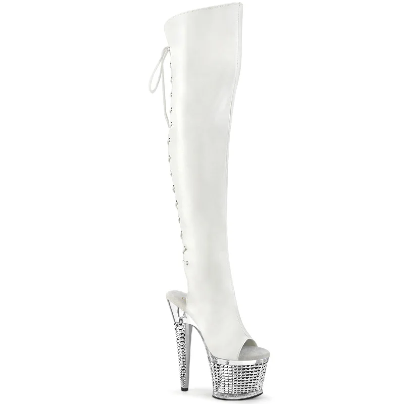 Textured Platform Over The Knee Boots White (Pleaser Spectator-3019)