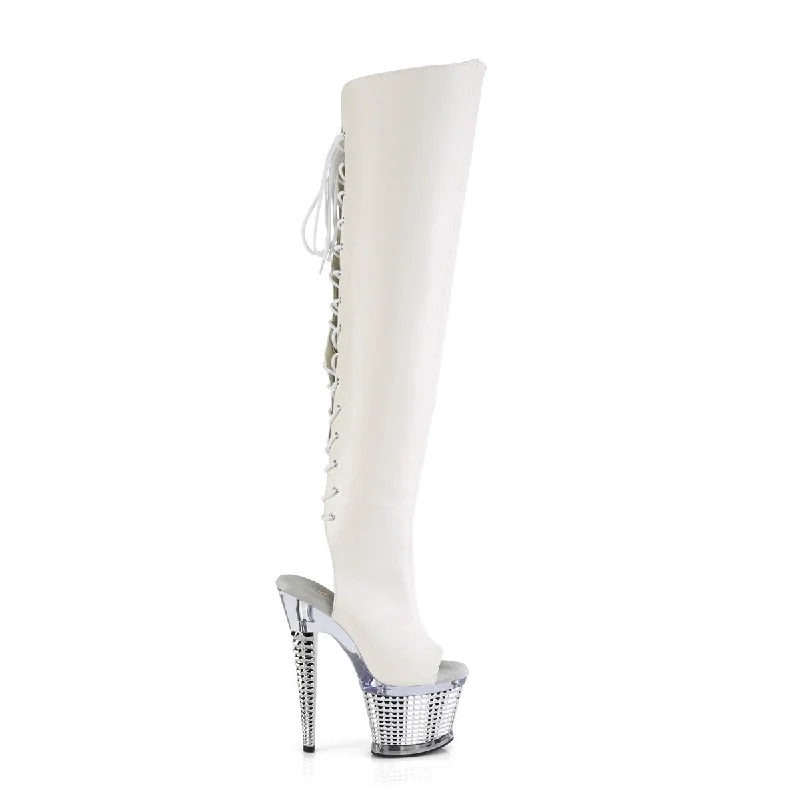 Textured Platform Over The Knee Boots White (Pleaser Spectator-3019)