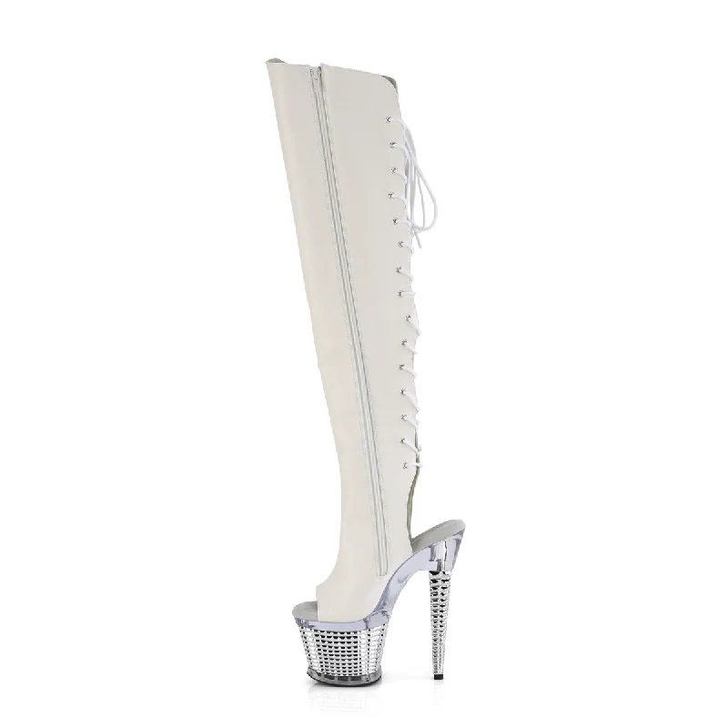 Textured Platform Over The Knee Boots White (Pleaser Spectator-3019)