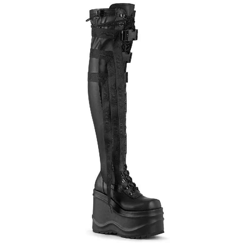 Demonia Wave-315 Wedge Platform Thigh High Boots Black PU