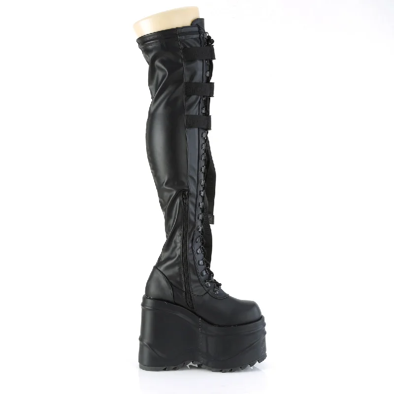 Demonia Wave-315 Wedge Platform Thigh High Boots Black PU