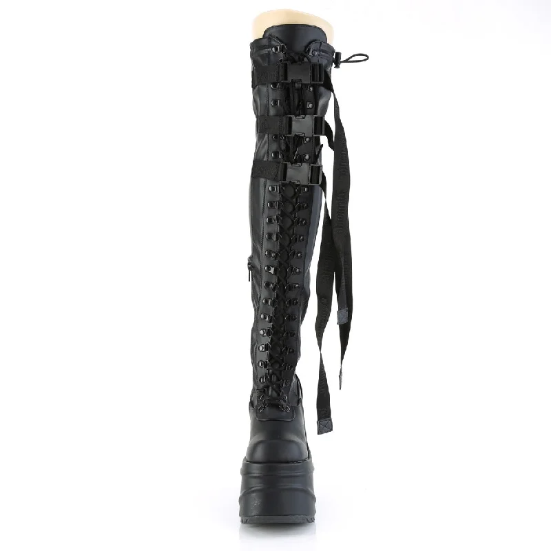 Demonia Wave-315 Wedge Platform Thigh High Boots Black PU