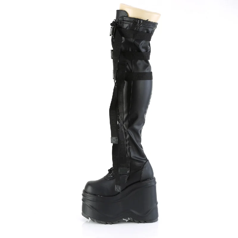 Demonia Wave-315 Wedge Platform Thigh High Boots Black PU