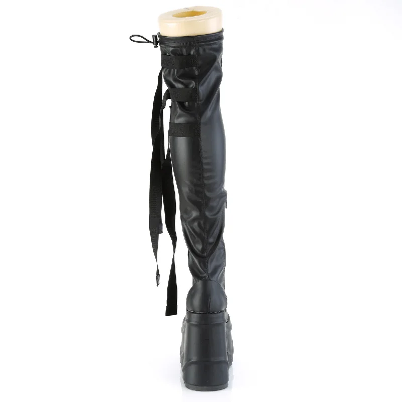 Demonia Wave-315 Wedge Platform Thigh High Boots Black PU