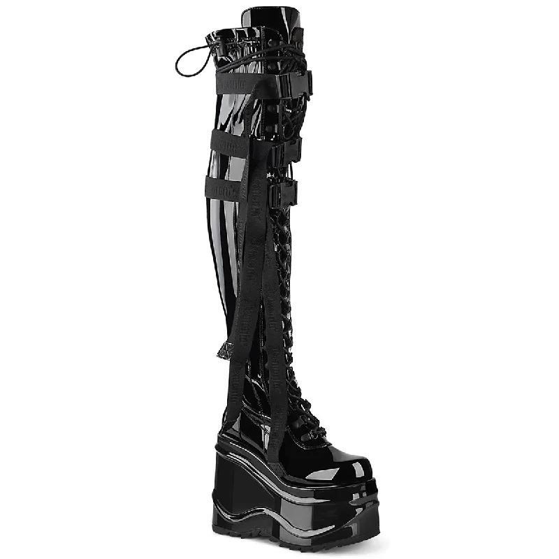 Demonia Wave-315 Wedge Platform Thigh High Boots Black PA