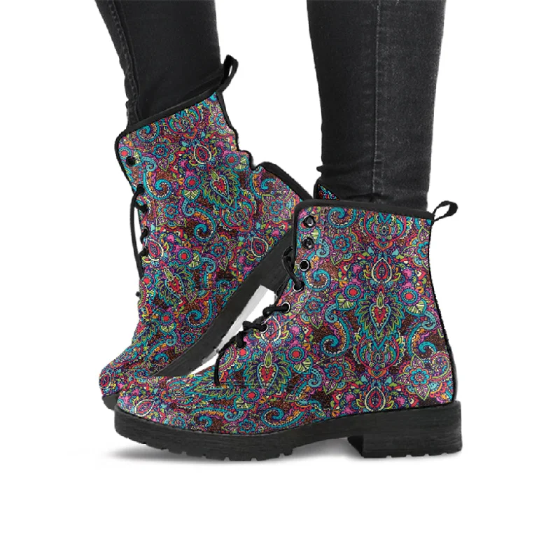 Paisley Pattern Vegan's Leather Combat Boots