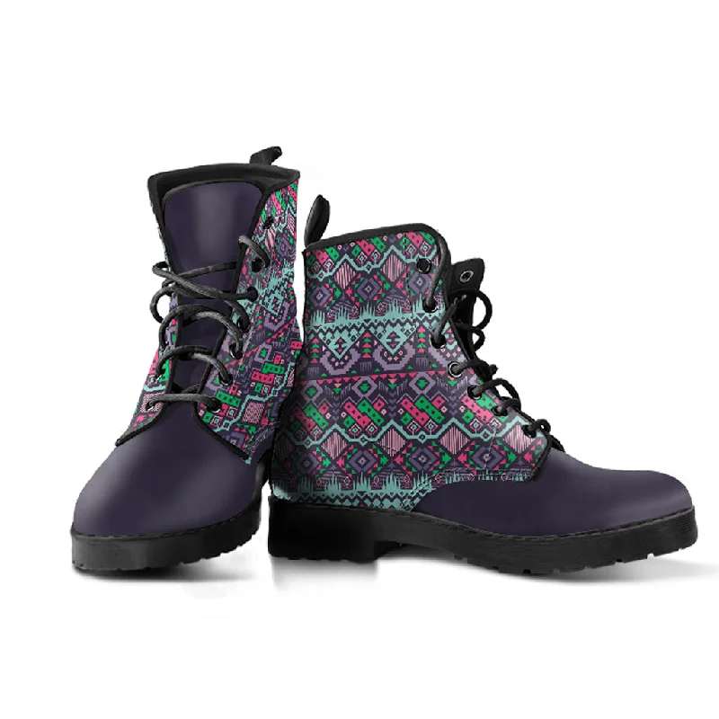 Plum Colored Tribal Handcrafted Vegan Leather Combat Boots