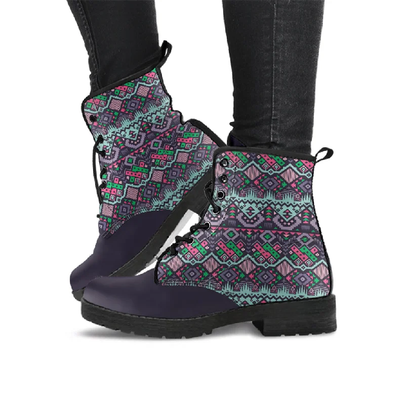 Plum Colored Tribal Handcrafted Vegan Leather Combat Boots