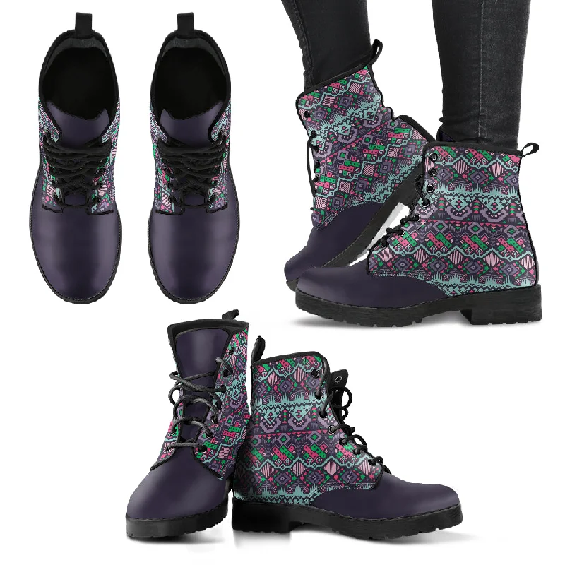 Plum Colored Tribal Handcrafted Vegan Leather Combat Boots