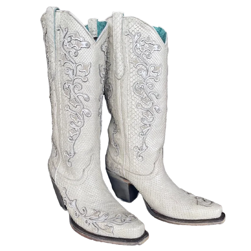 Corral® Ladies ""Anna"" White Python Overlay & Embroidery Wedding Boots A4357