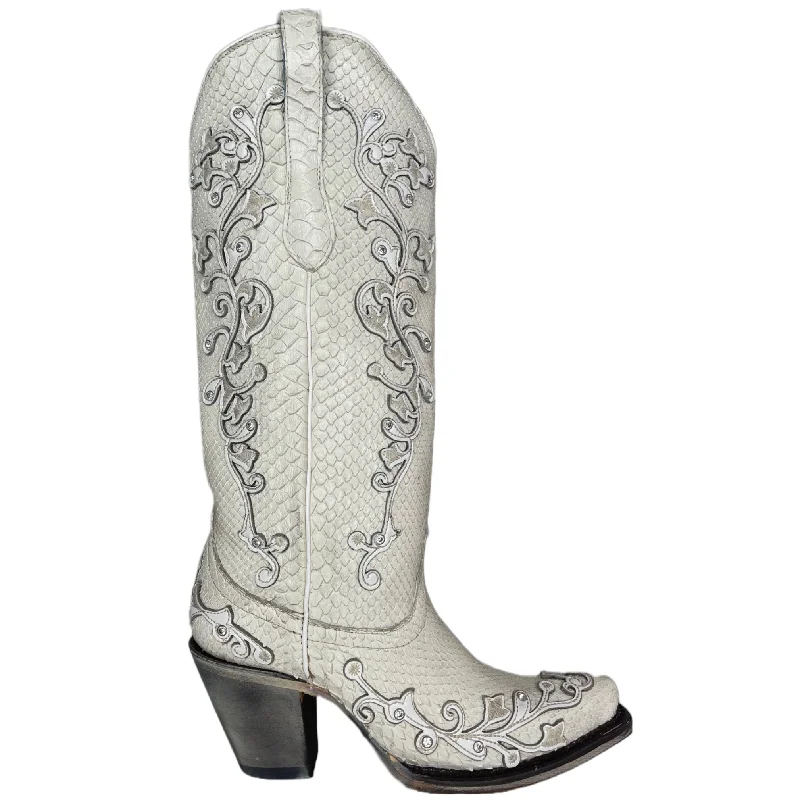 Corral® Ladies ""Anna"" White Python Overlay & Embroidery Wedding Boots A4357