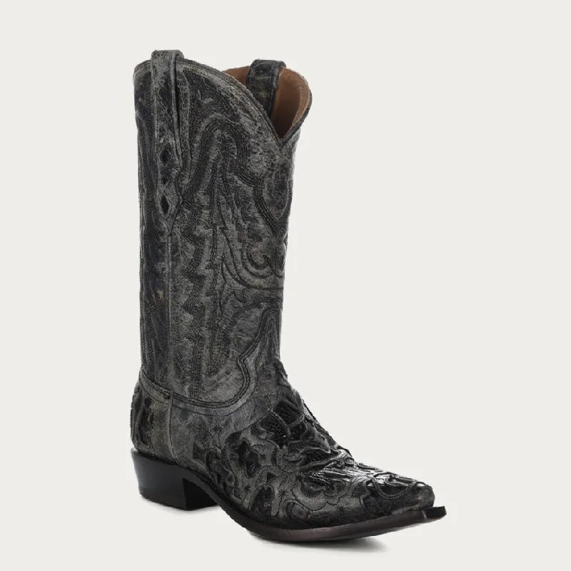 Corral Men's Black Alligator Inlay Embroidered Snip Toe Cowboy Boots