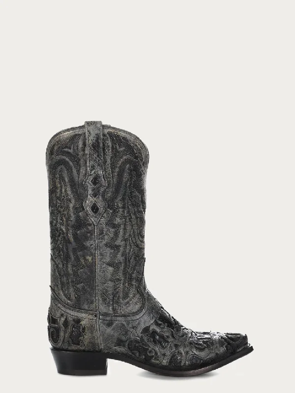 Corral Men's Black Alligator Inlay Embroidered Snip Toe Cowboy Boots