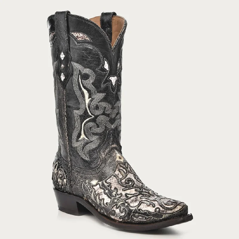 Corral Men's Black Goat & Python Embroidered Snip Toe Cowboy Boots