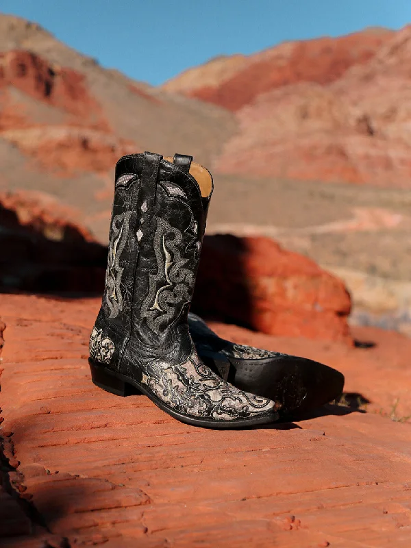 Corral Men's Black Goat & Python Embroidered Snip Toe Cowboy Boots