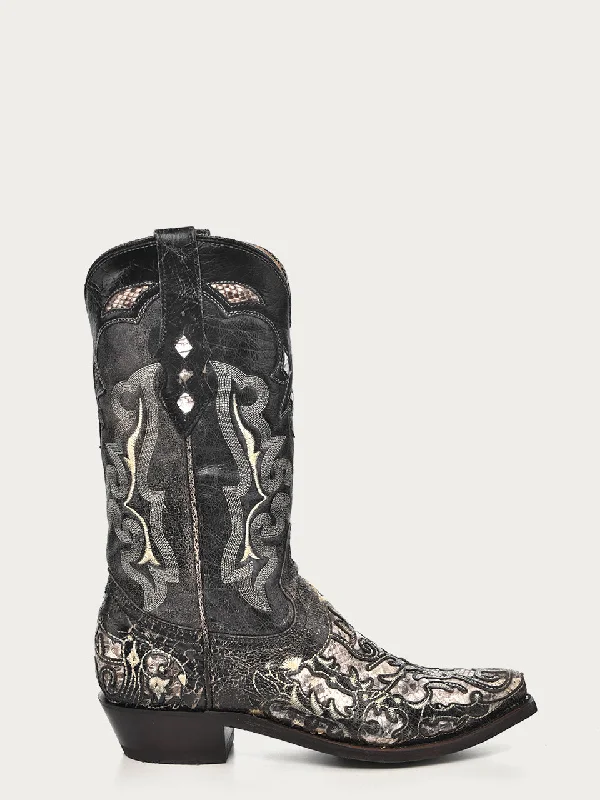 Corral Men's Black Goat & Python Embroidered Snip Toe Cowboy Boots