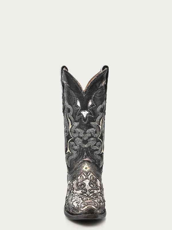 Corral Men's Black Goat & Python Embroidered Snip Toe Cowboy Boots