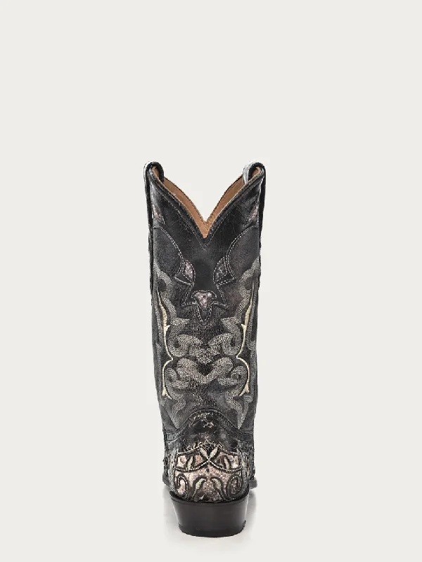 Corral Men's Black Goat & Python Embroidered Snip Toe Cowboy Boots