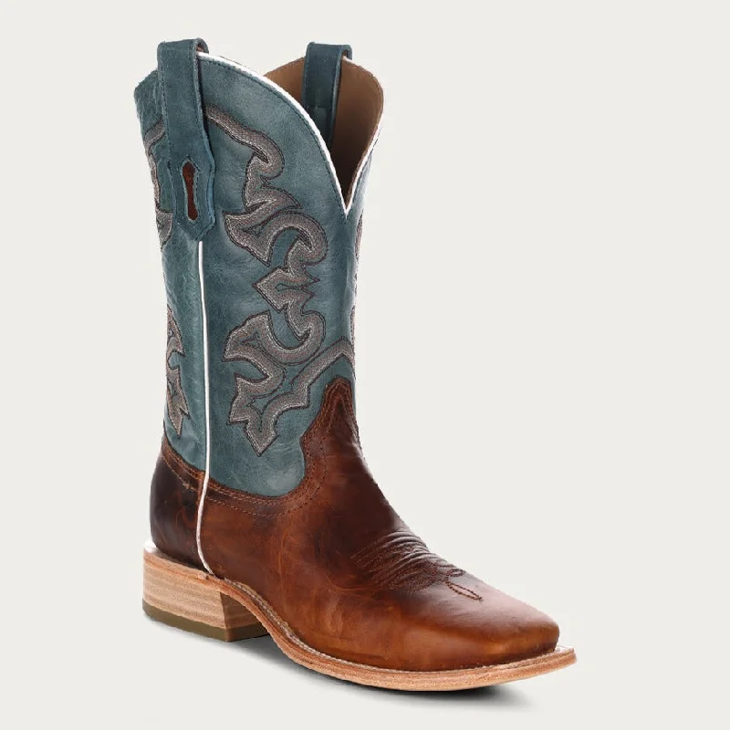 Corral Men's Blue & Honey Embroidered Wide Square Toe Cowboy Boots