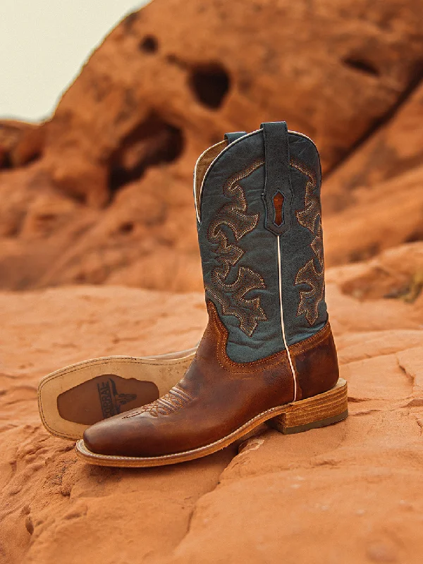 Corral Men's Blue & Honey Embroidered Wide Square Toe Cowboy Boots