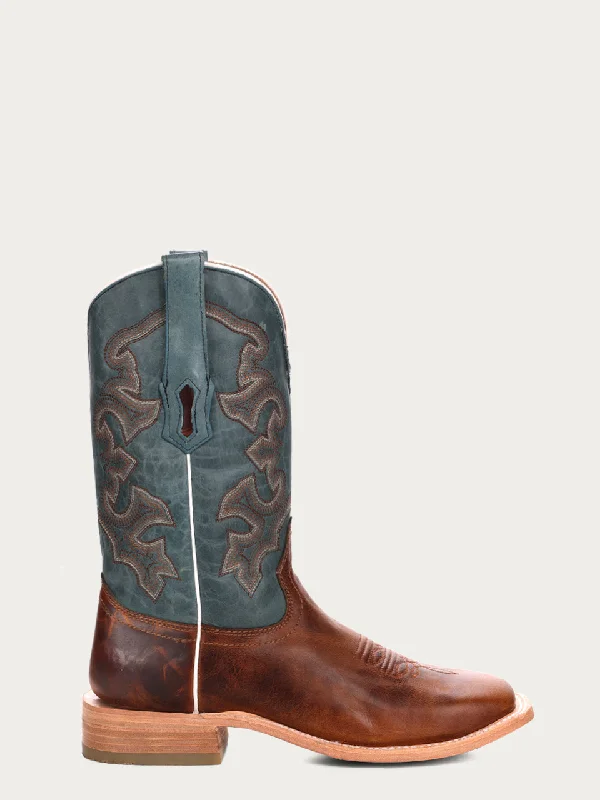 Corral Men's Blue & Honey Embroidered Wide Square Toe Cowboy Boots