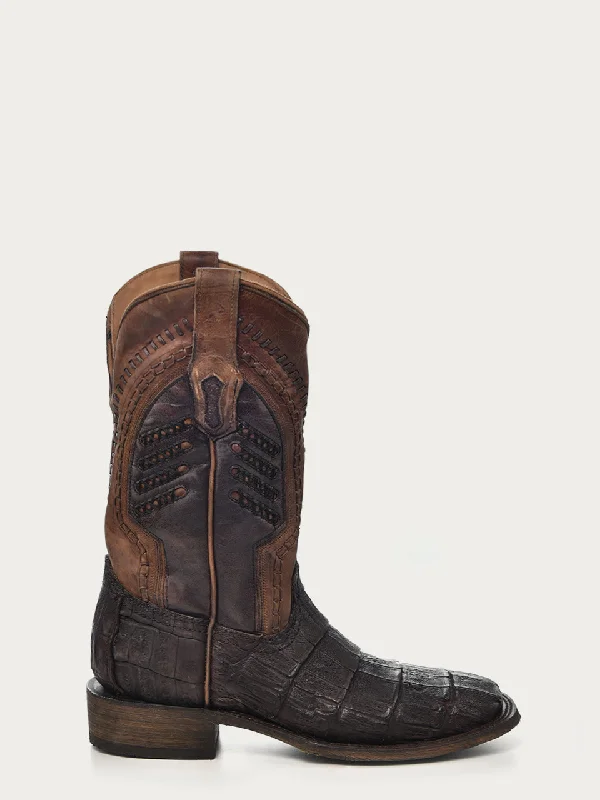 Corral Men's Oil Brown Embroidered Wide Square Toe Cowboy Boots