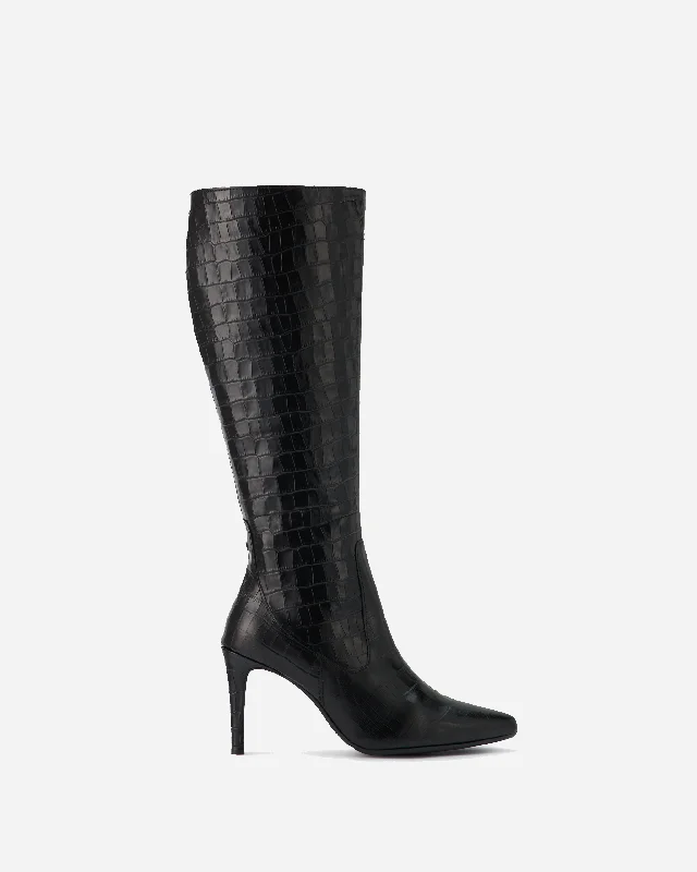 Freya Knee High Boots in Black Croc