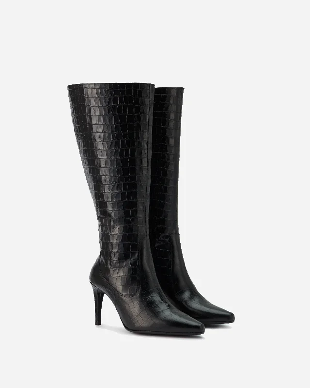 Freya Knee High Boots in Black Croc