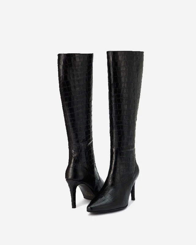 Freya Knee High Boots in Black Croc