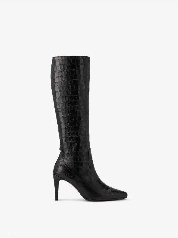 Freya Knee High Boots in Black Croc