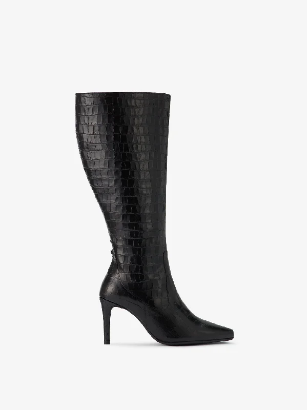 Freya Knee High Boots in Black Croc