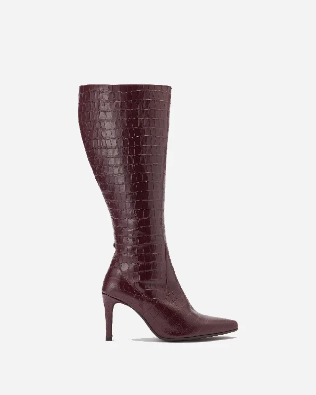 Freya Knee High Boots in Burgundy Croc