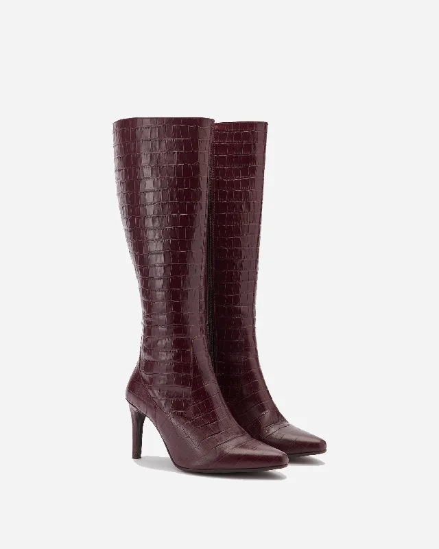 Freya Knee High Boots in Burgundy Croc