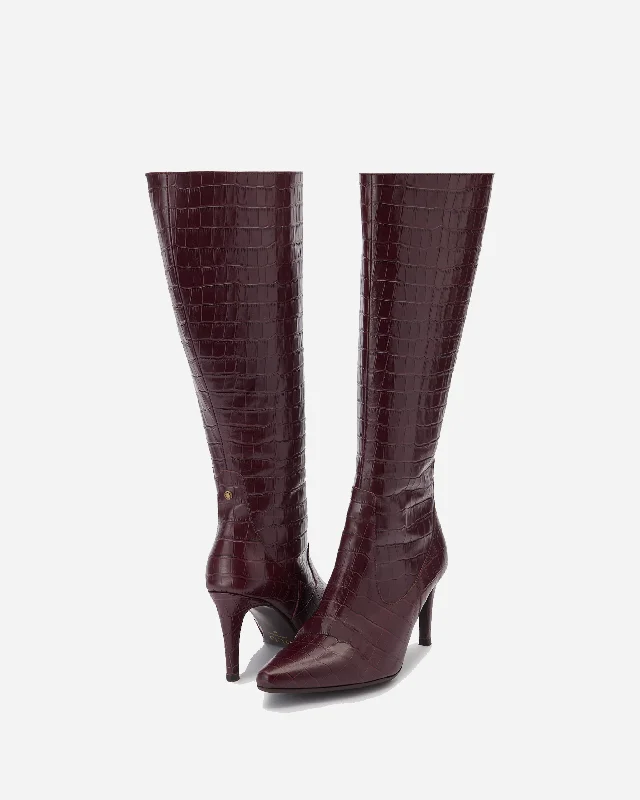 Freya Knee High Boots in Burgundy Croc