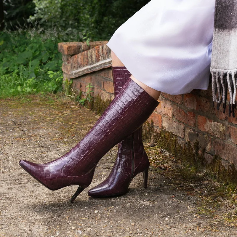 Freya Knee High Boots in Burgundy Croc