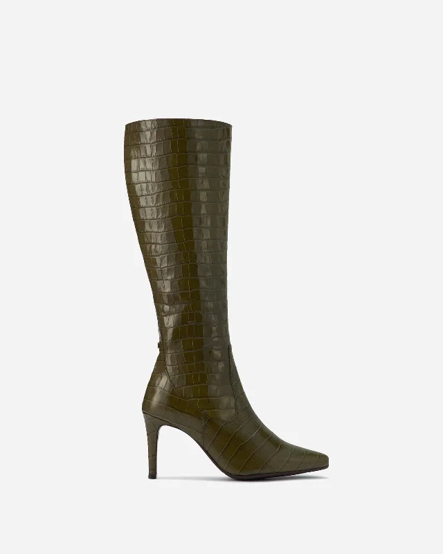 Freya Knee High Boots in Green Croc