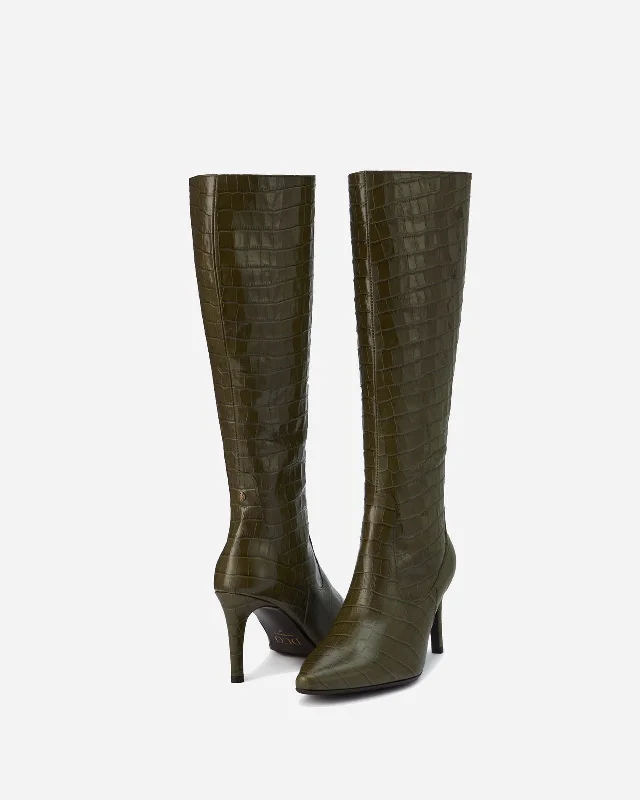 Freya Knee High Boots in Green Croc