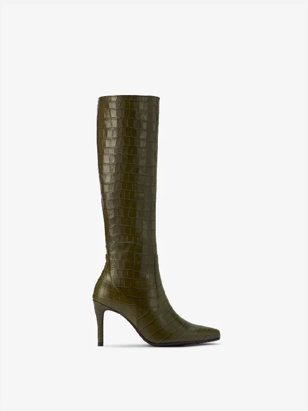 Freya Knee High Boots in Green Croc