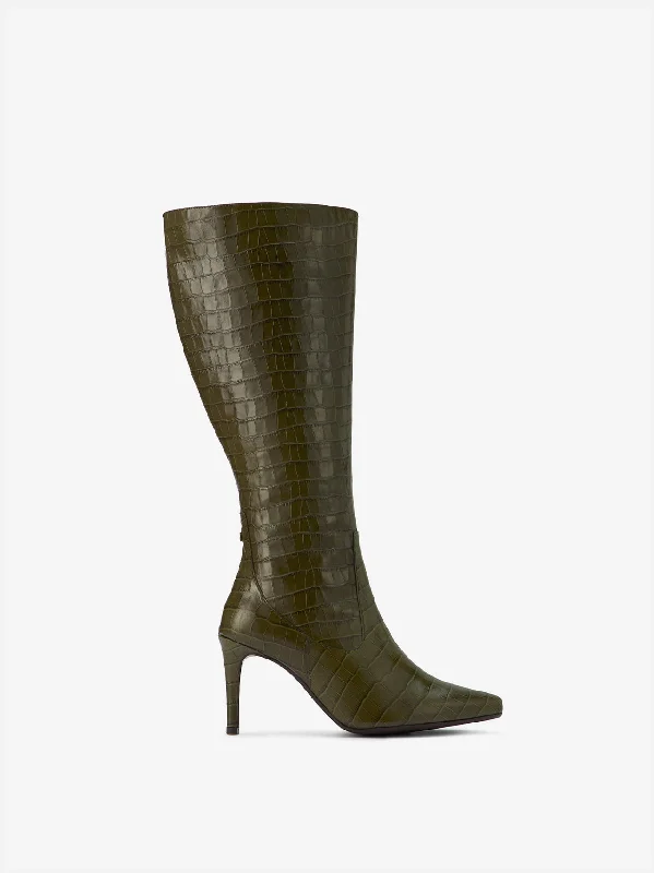 Freya Knee High Boots in Green Croc