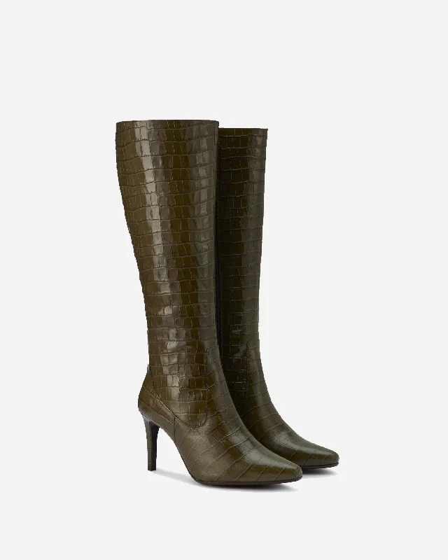 Freya Knee High Boots in Green Croc