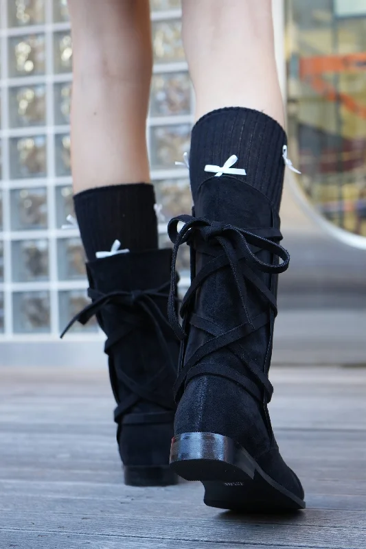 Suede Tie Up Boots, Black