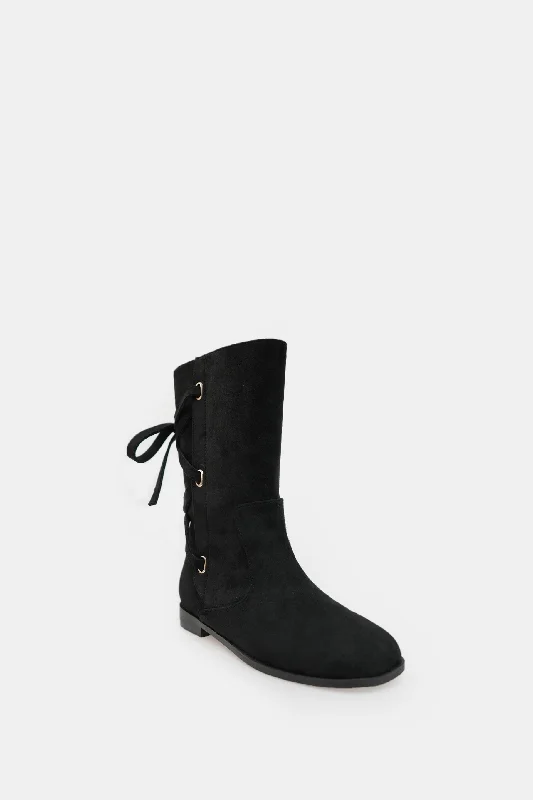 Suede Tie Up Boots, Black